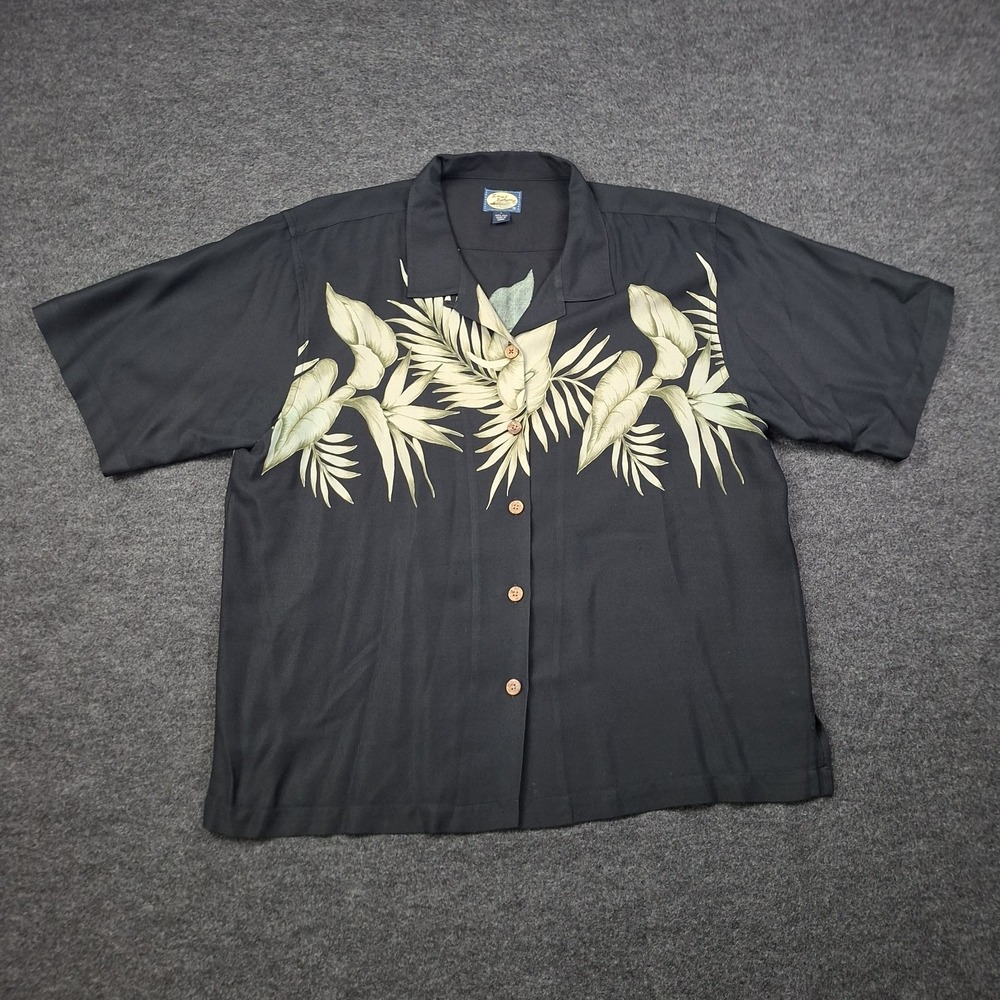 Tommy Bahama Shirt Mens L Black 100 Silk Loop Collar Hawaiian Camp Aloha Large